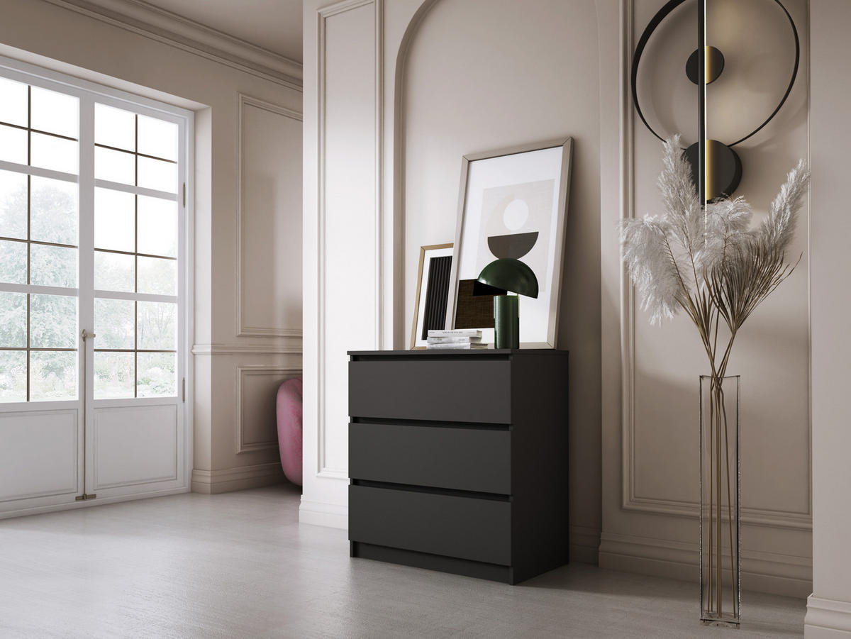 KOMMODE 3 Schubladen, Mattschwarz, 78 x 70 x 39 cm - Schwarz, Holzwerkstoff (70/78/39cm) - 3XE LIVING