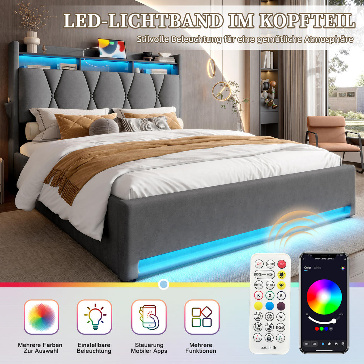 POLSTERBETT 140/200 cm dunkelgrau aus Samt mit LED und Stauraum - Dunkelgrau, Textil (140/200cm) - OKWISH