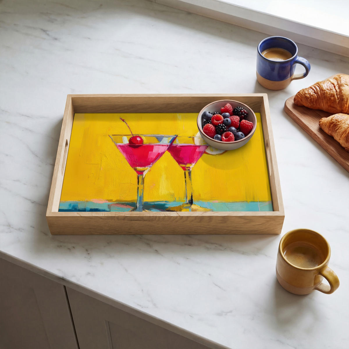 SERVÍROVACÍ PODNOS Sklenice - Koktejl - Citron - Třešeň 40x30 cm - žlutá, dřevo (40/5/5cm) - OnlyWow