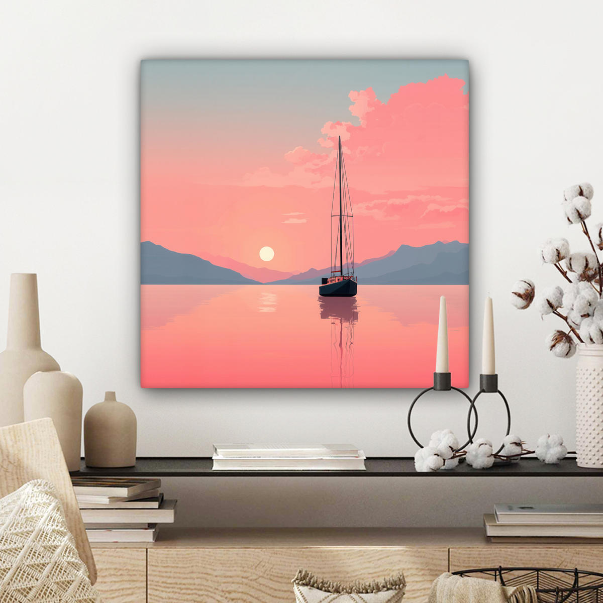 LEINWANDBILD Segelboot - Rosa Meer - Sonnenuntergang - Berge Wandbild Wohnzimmer 50x50 cm - Rosa, Textil (50/50cm) - MuchoWow