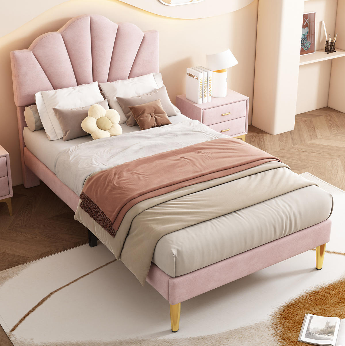 POLSTERBETT aus Samt 90x200 cm Rosa mit verstellbarem Kopfteil und Lattenrost - Rosa, Textil (90/200cm) - IVMEU