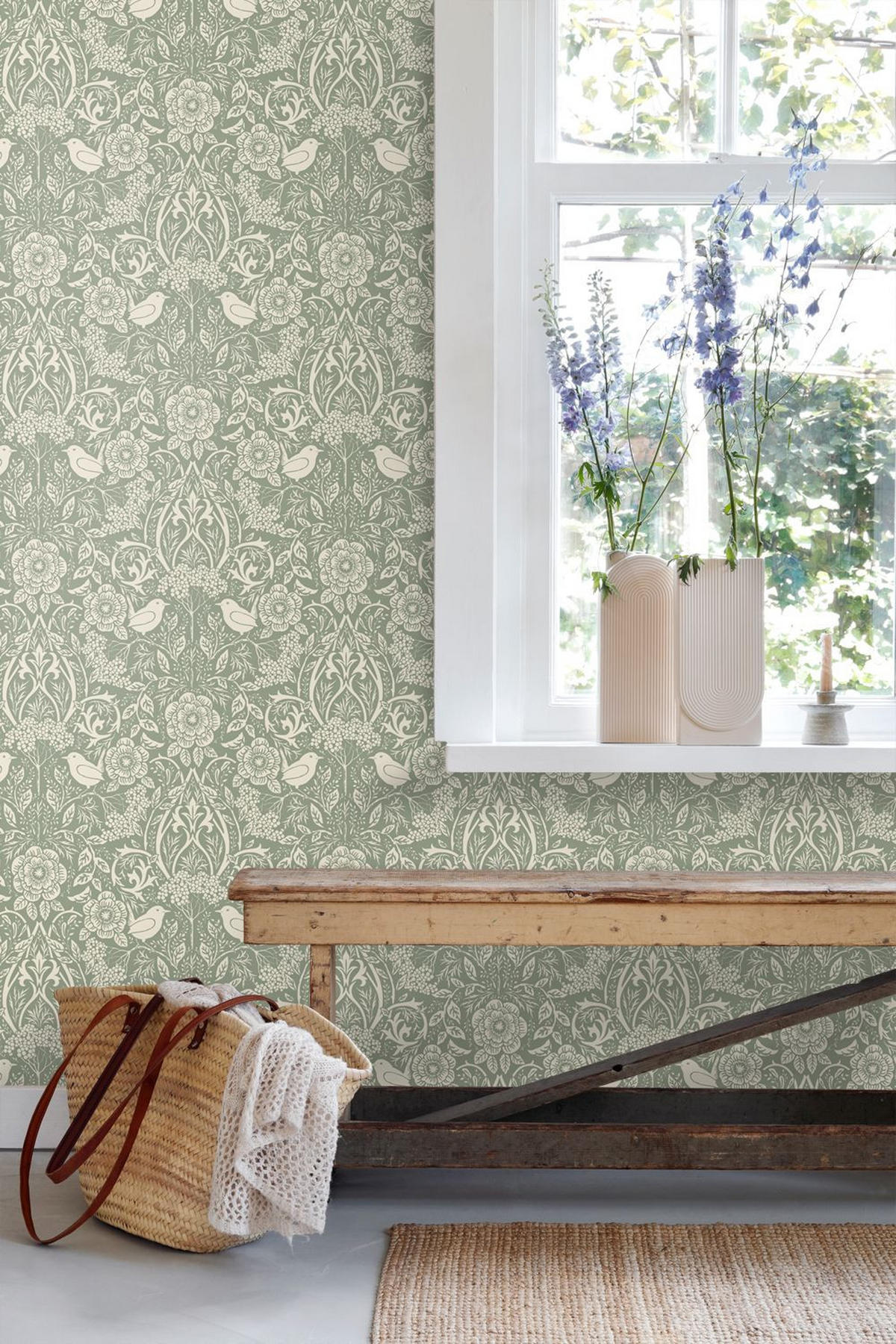 TAPETE Blumen und Vögel im Jugendstil 50 x 900 cm - Grün, Papier (50/900cm) - ESTAhome