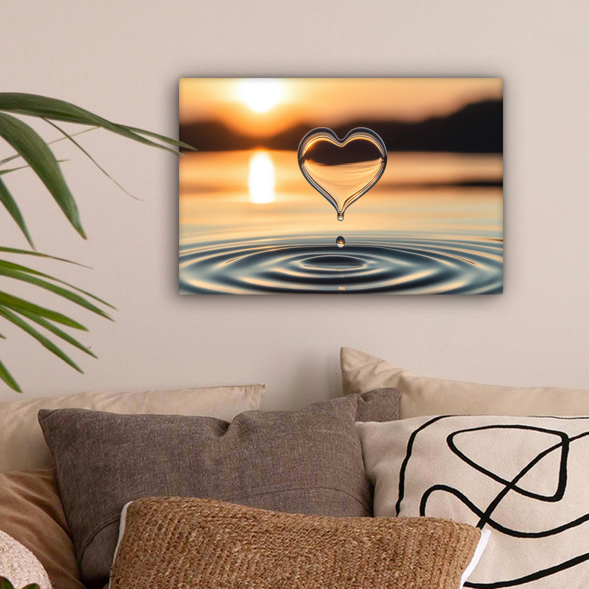 LEINWANDBILD - Herz - Wasser - Sonnenuntergang - Natur - Zen - 30x20 - Deko XXL - Bernsteinfarben, Textil (30/20cm) - MuchoWow