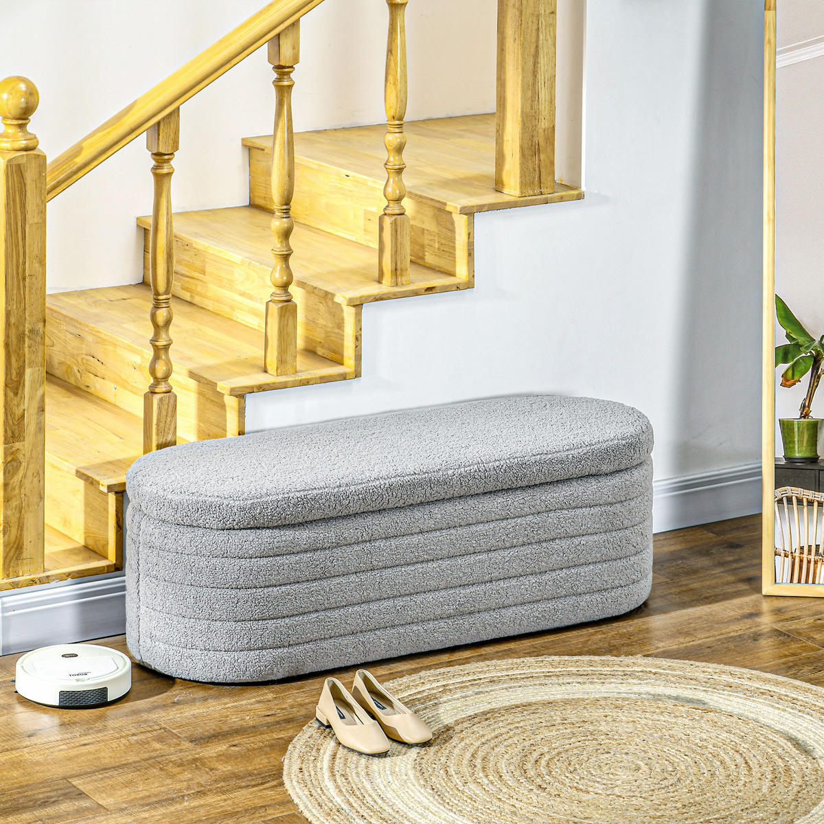 SITZBANK Polsterbank mit Stauraum, Teddy-Vlies-Optik, Bettbank mit Holzbeine - Hellgrau, Kunststoff (41/40.5/116cm) - HOMCOM