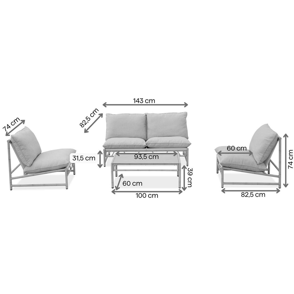 GARTENSET Kairo 2-Sitzer-Sofa, 2 Sessel und Tisch, Metallrahmen, von Bambus inspiriertes, Grau+Beige - Beige/Grau, Metall - Beautysofa