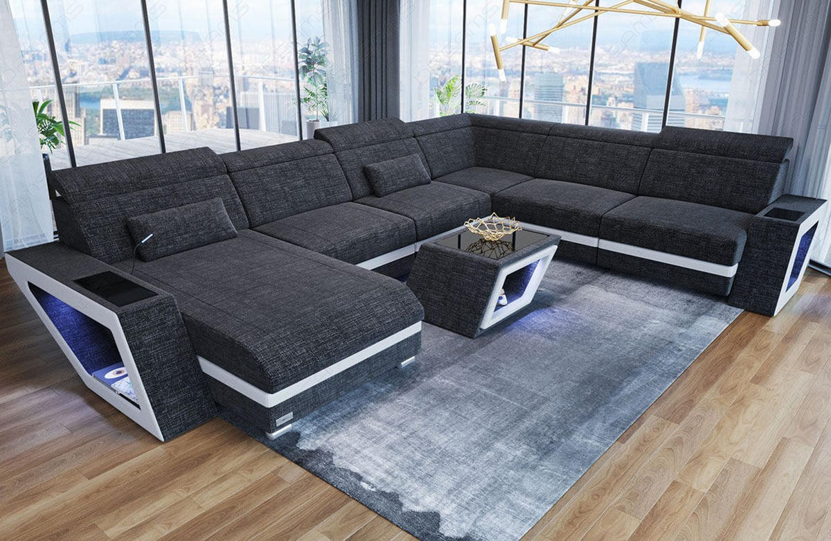 WOHNLANDSCHAFT Catania Schwarzgrau Weiß Strukturstoff - Schwarz, Kunststoff (349/89/264cm)