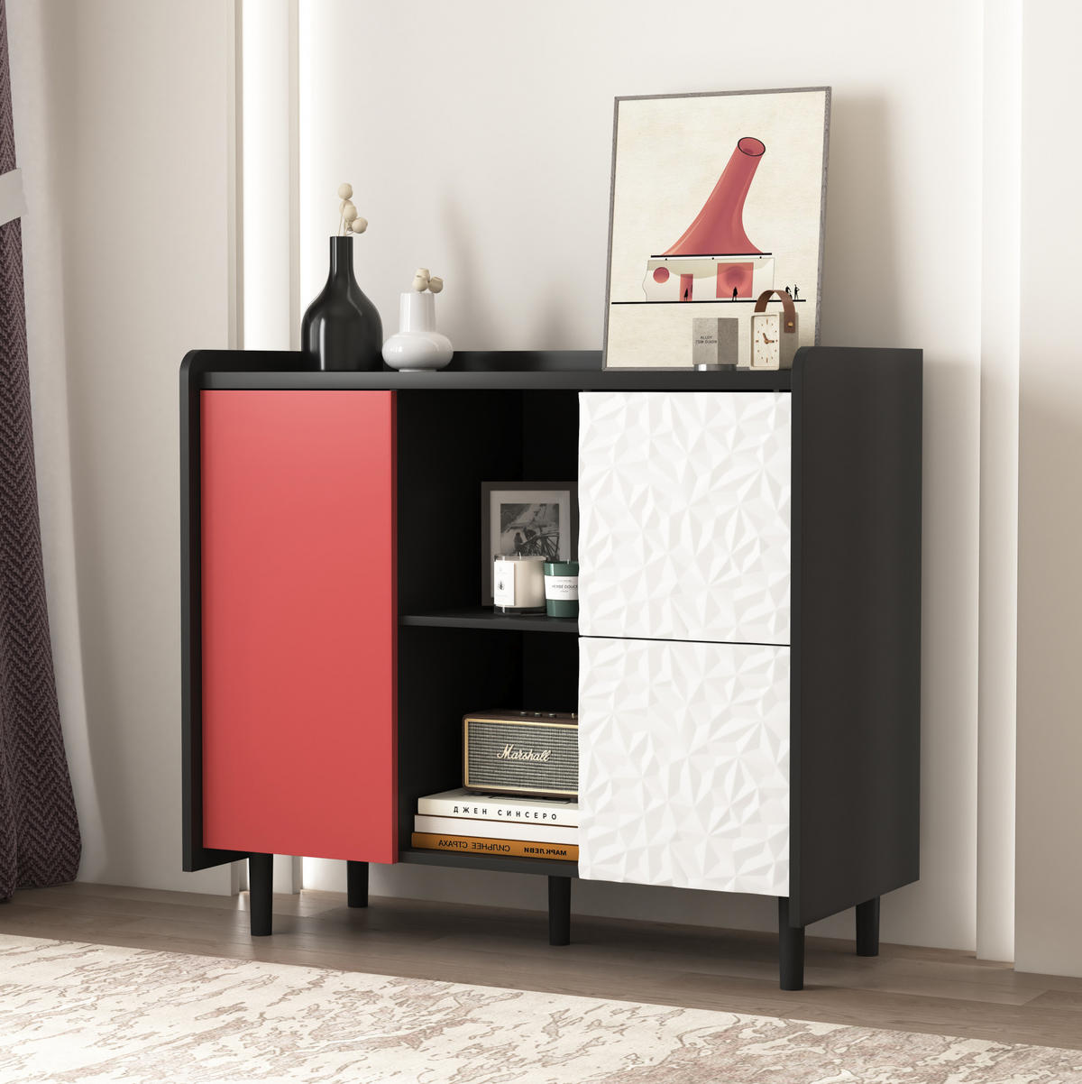 SIDEBOARD aus MDF 40x90x80 cm Schwarz/Rot mit 2 Schubladen, offenem Fach und Schranktür in modernem Design - Rot, Holzwerkstoff (90/80/40cm) - Modfu