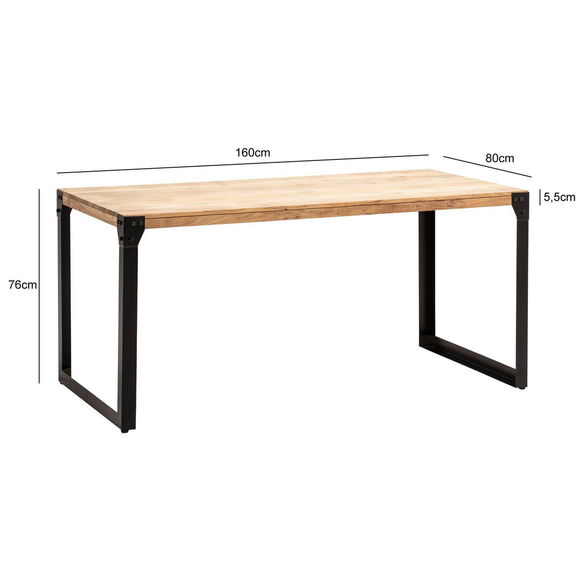ESSTISCH Massivholz Metall Rechteckig Industrial, Akazie 160x80x76 cm - Schwarz/Akaziefarben, Holz/Metall (80/160/76cm) - KADIMA DESIGN