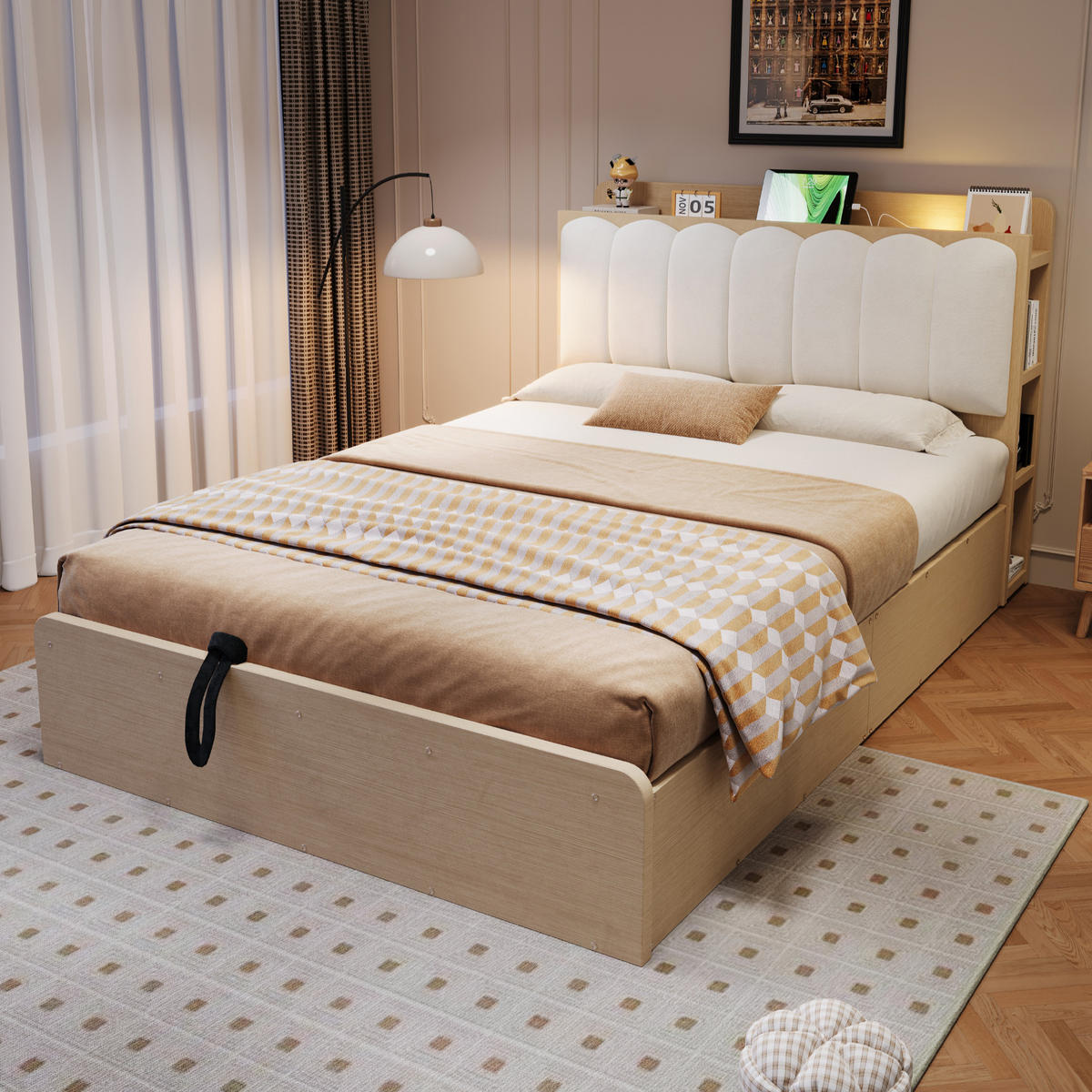 BETT 140/200 cm in Naturfarben mit Bettkasten, USB und Ablage Holz Design - Weiß/Naturfarben, Holzwerkstoff/Textil (140/200cm) - STILVORA