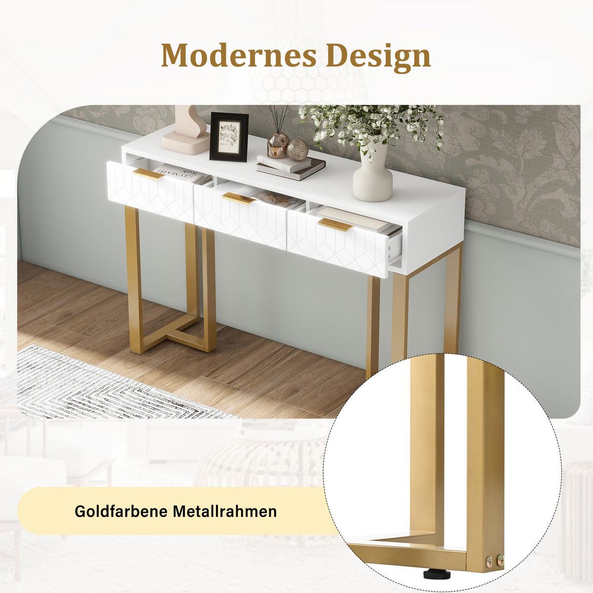 BEISTELLTISCH in Weiß und Gold Konsolentisch mit Schubladen für Wohnzimmer, Flur und Büro, B120/T36/H80 cm - Goldfarben/Weiß, Holzwerkstoff/Metall (36/120/80cm) - STILVORA