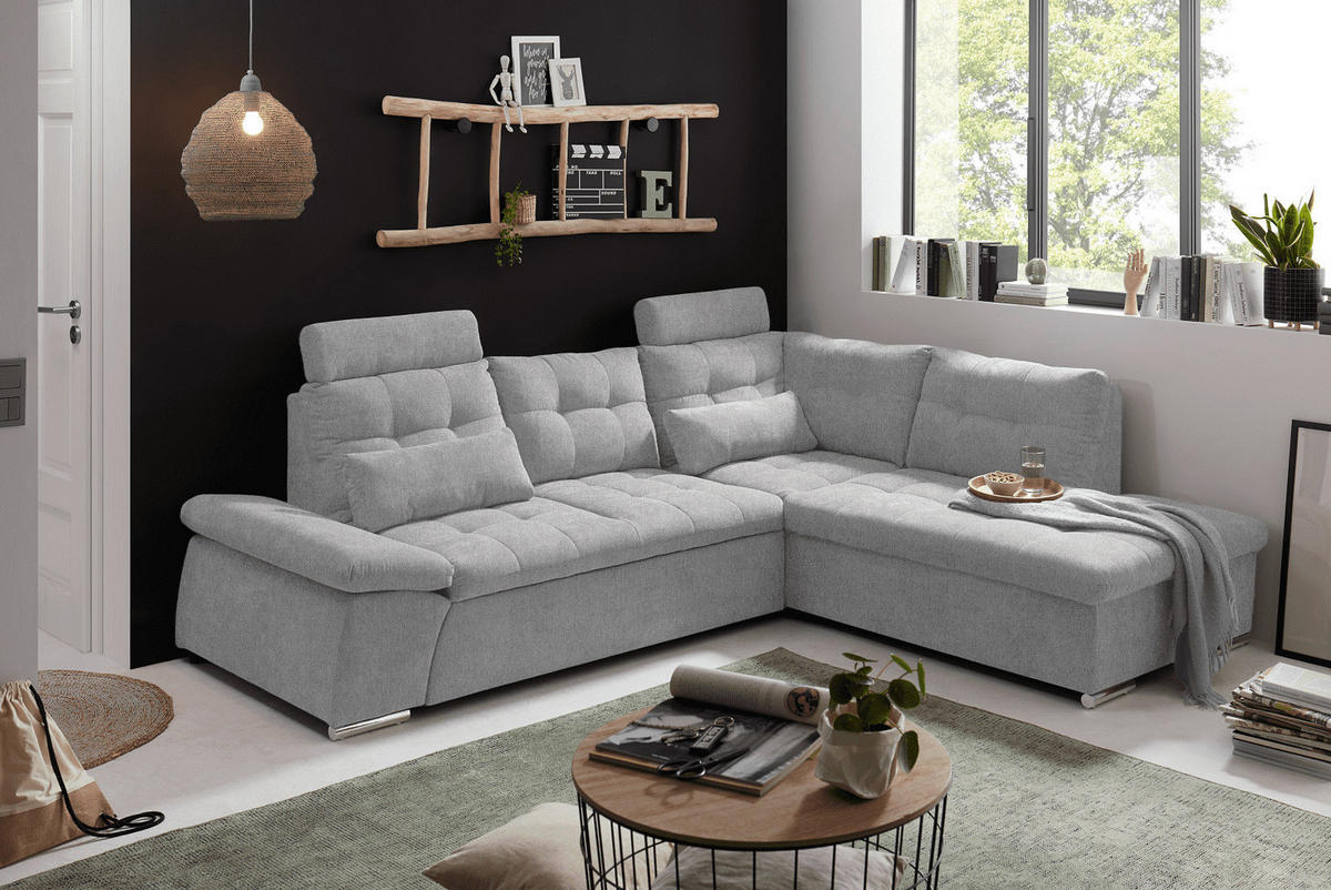ECKSOFA mit Schlaffunktion, verstellbare Armlehne und Kopfstützen - Chromfarben/Hellgrau, Textil (219/260cm) - ed exciting design
