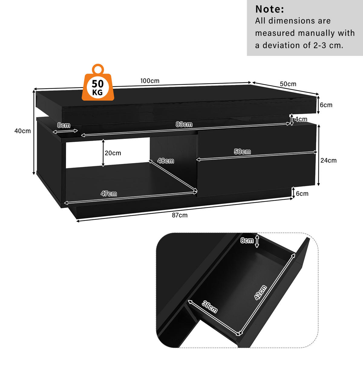 COUCHTISCH aus Spanplatte 100x50x40,3 cm in Schwarz mit LED-Beleuchtung - Schwarz, Holzwerkstoff (100/50/40.3cm) - Modfu