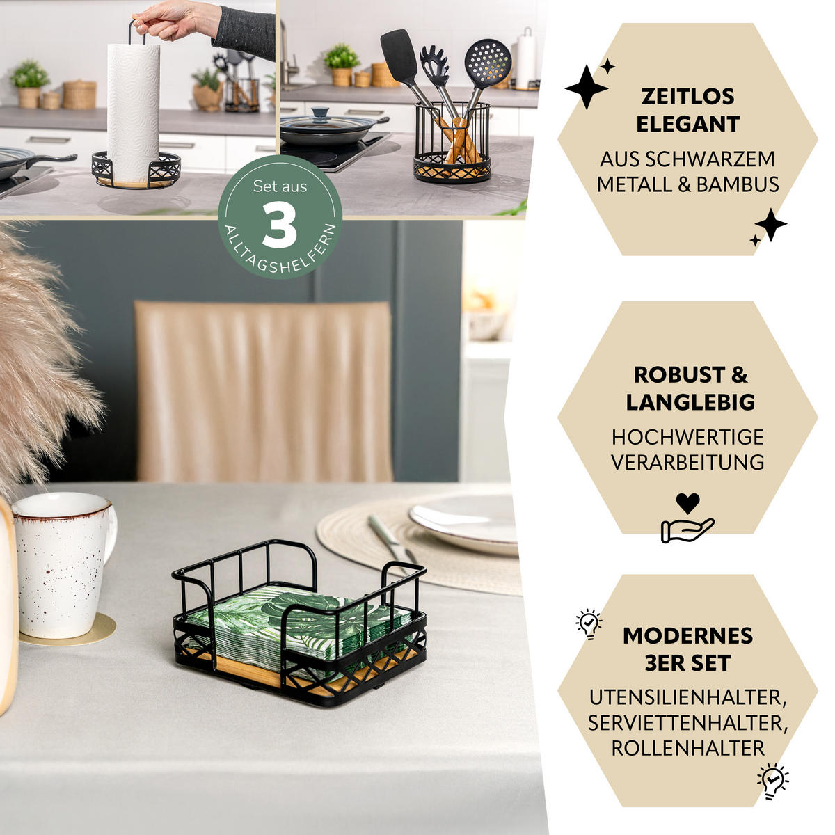 KÜCHENUTENSILIEN 3er Set, Metall, Bambus, schwarz - Schwarz, Metall (17.5/32.5/17.5cm) - bremermann