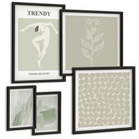 BILDER SET 5er Set - 50x50 cm & 20x30 cm & 40x60 cm Schwarzer Rahmen - Abstrakte Aquarellpflanzen - Schwarz, Kunststoff (40/60cm) - TULUP