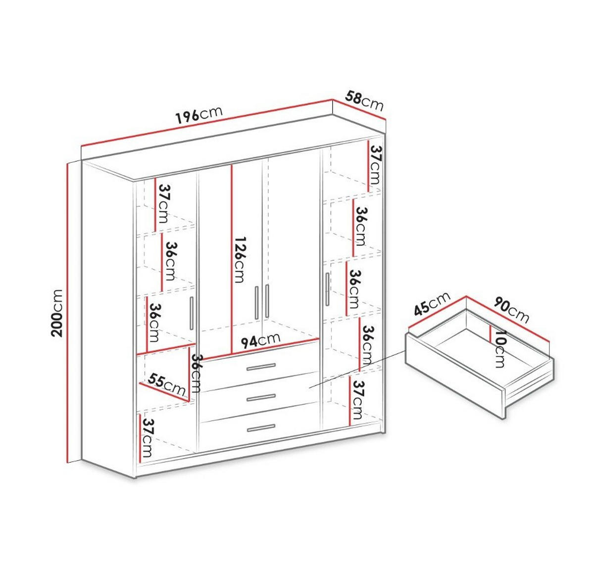 DREHTÜRENSCHRANK ELISE 196/200/57,5cm 4-türig mit Spiegel Kaschmir - Kaschmir, Holzwerkstoff (196/200/57.5cm) - MASSENO
