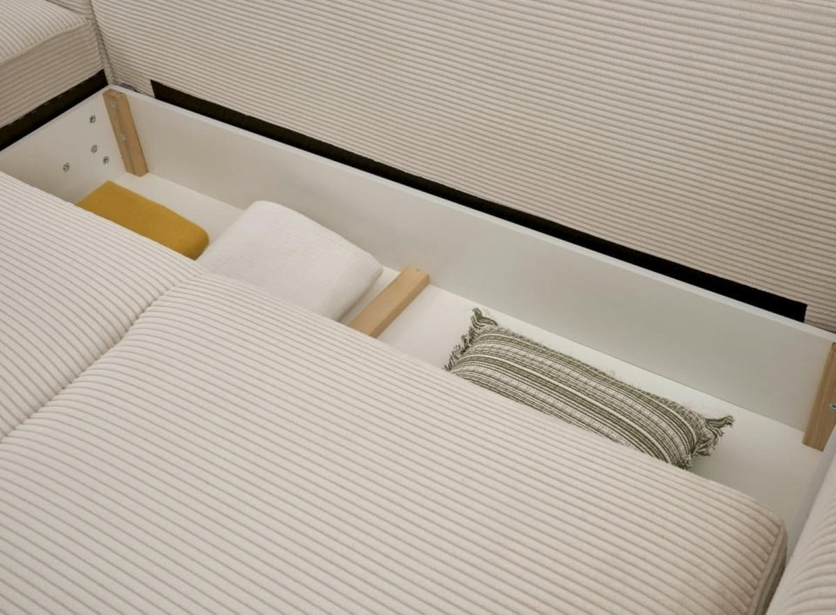 ECKSOFA beidseitig montierbar, Schlaffunktion mit Bettkasten und Nosagfederung in Breitcord - Beige/Schwarz, Textil (318/197cm) - ed exciting design