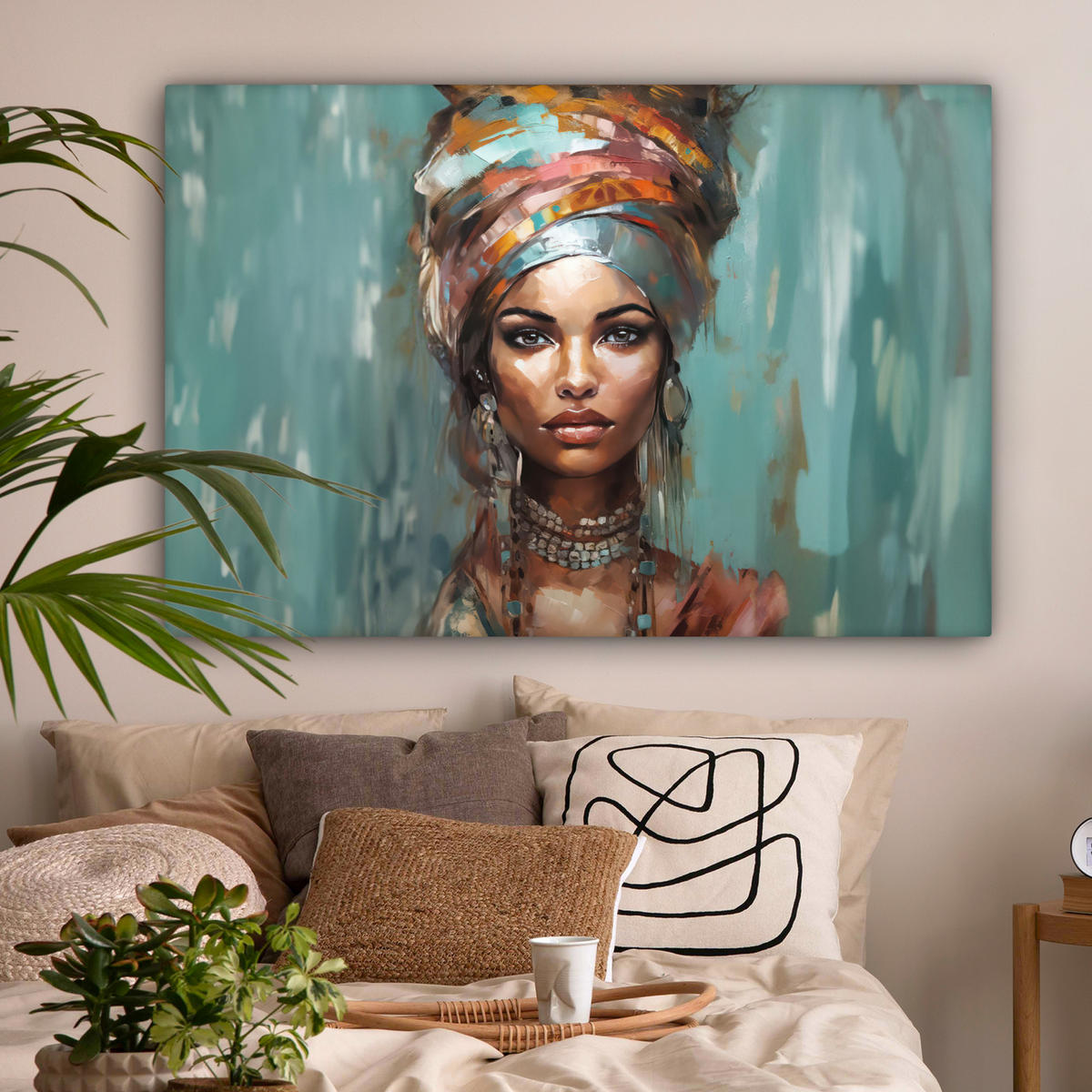 LEINWANDBILD Frau - Kunst - Schmuck - Porträt Groß 140x90 cm - Blaugrau, Textil (140/90cm) - MuchoWow
