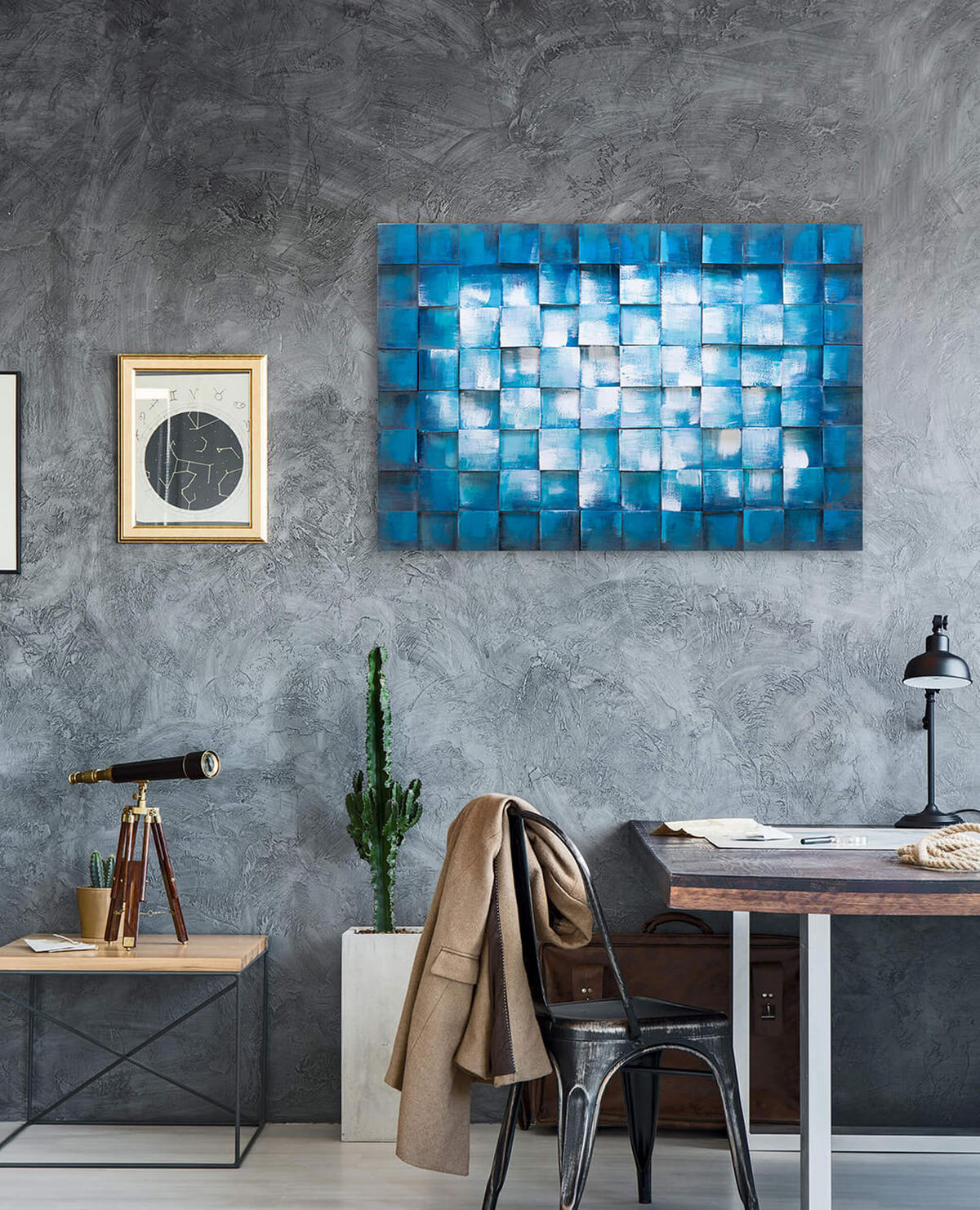 HOLZBILD Blau 90/60 cm - Blau/Weiß, Holz (4.5/60cm) - KUNSTLOFT