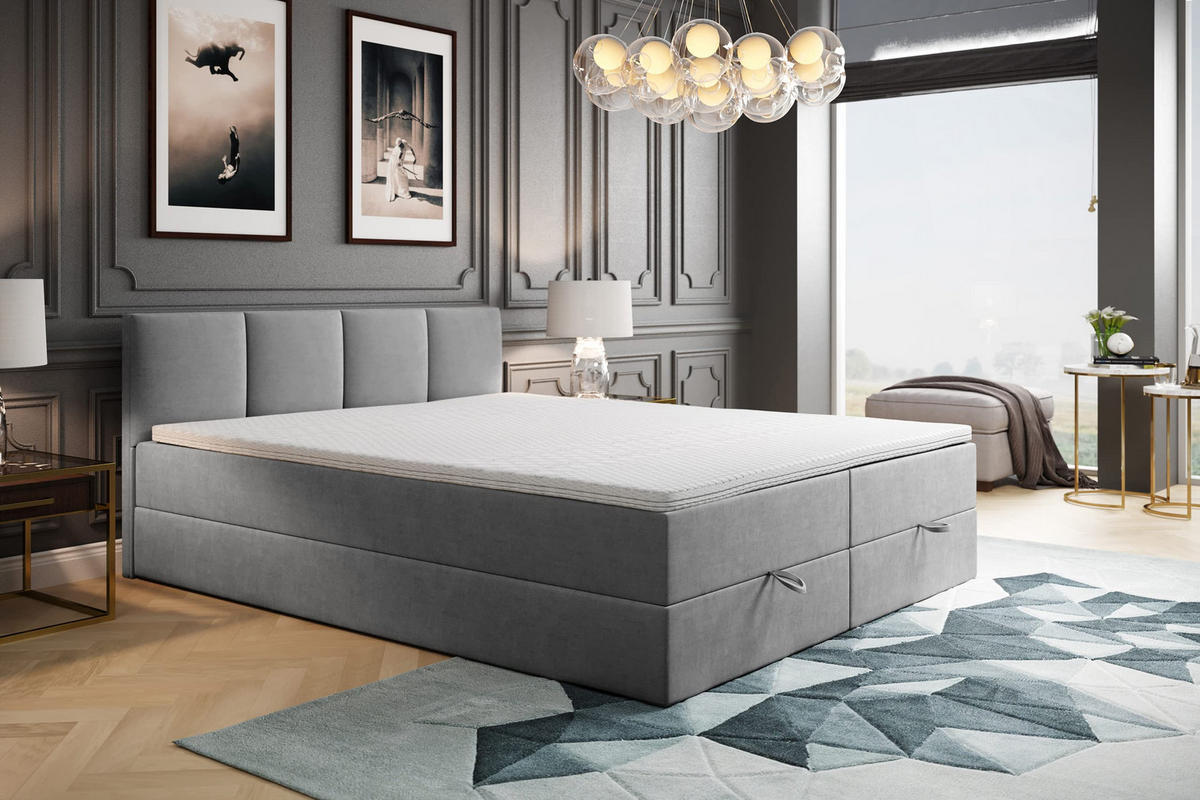 BOXBETT mit Bettkasten und Bonellmatratze - ROYAL - Elegant Bett mit Topper - 160x200 cm - Grau - Grau, Holzwerkstoff/Kunststoff (160/200cm) - Trada