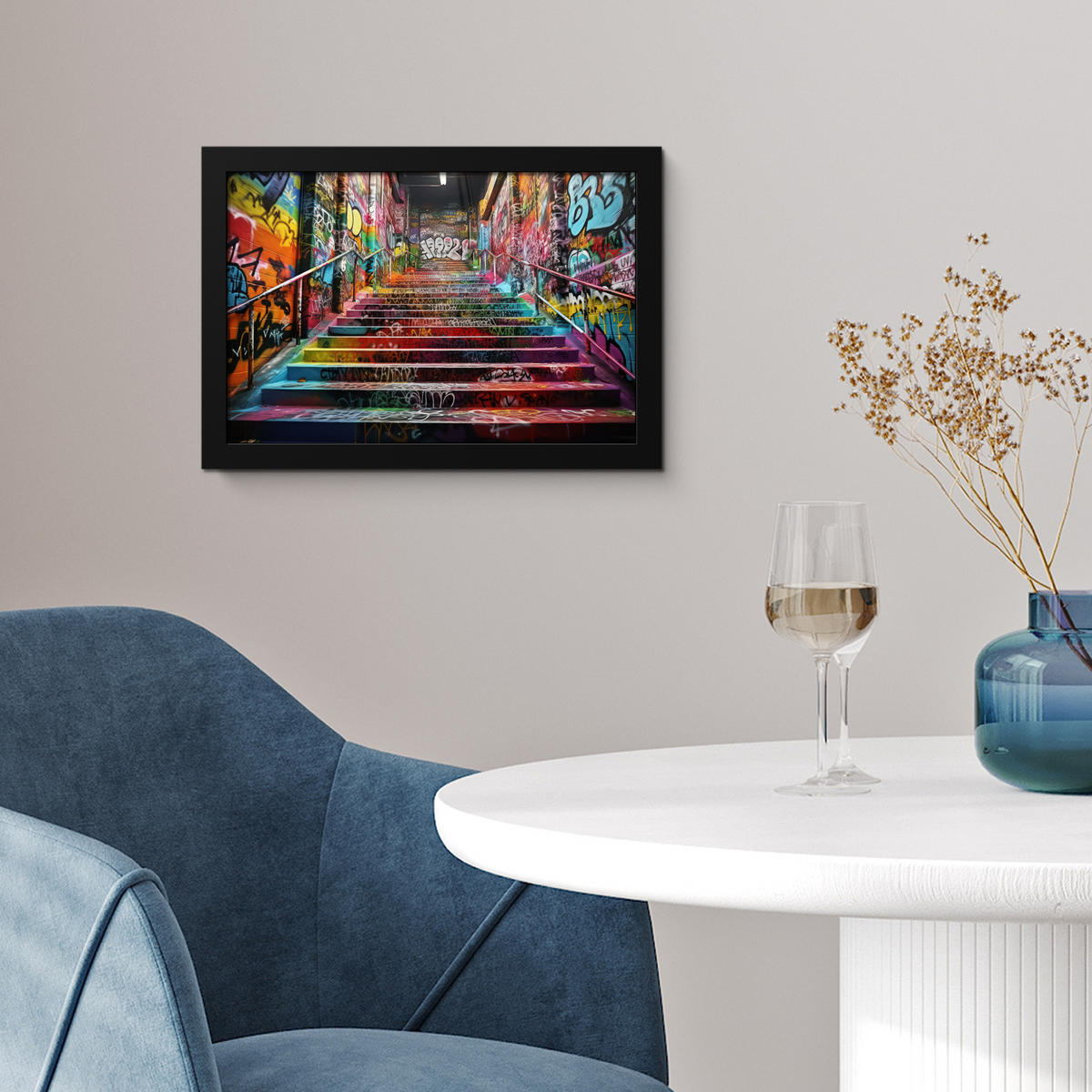 POSTER MIT RAHMEN Treppe - Graffiti - Farben - Kunst 30x20 cm - Multicolor, Papier (30/20cm) - MuchoWow