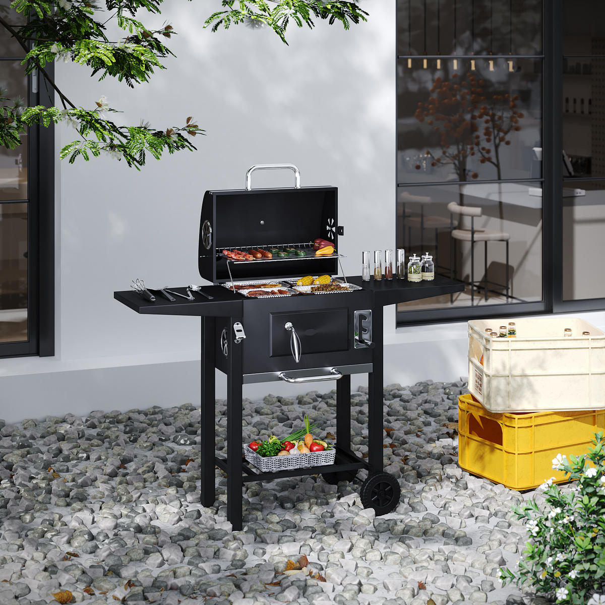 HOLZKOHLEGRILL aus Karbonstahl in Schwarz für das Outdoor-Kochen Belüftung Mobilität 109 cm B × 46 cm T × 106,5 cm H - Schwarz, Metall (109/106.5/46cm) - Livingandhome