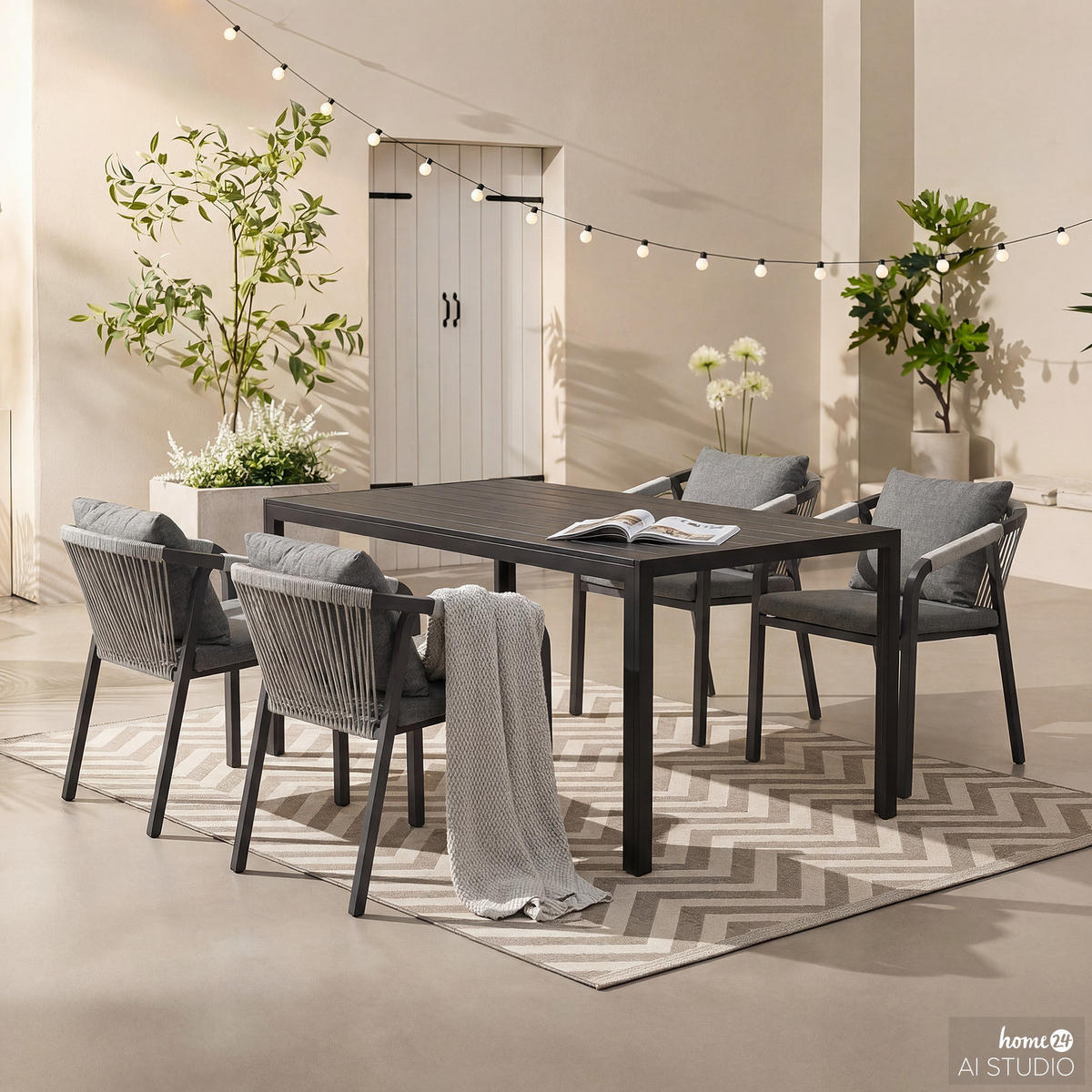 GARTENESSGRUPPE - 5-teilig - Aluminium / Olefin - Anthrazit / Grau - Schwarz/Grau, Holzwerkstoff/Kunststoff - home24