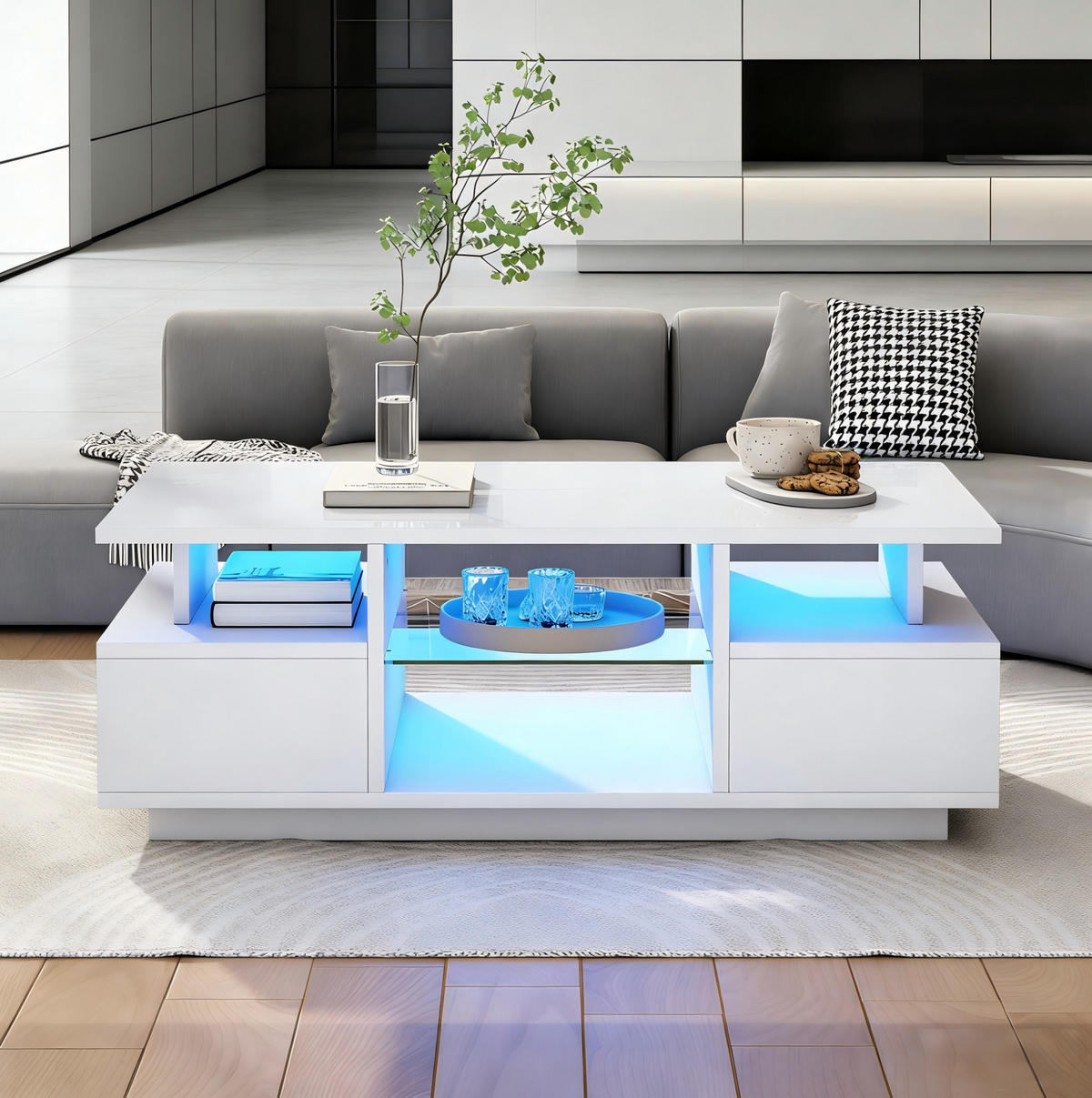 COUCHTISCH 100/50/36 cm mit 2 Schubladen, Glasablagen und LED-Beleuchtung in Hochglanz, Weiß - Weiß, Holzwerkstoff (100/50/36cm) - Redom