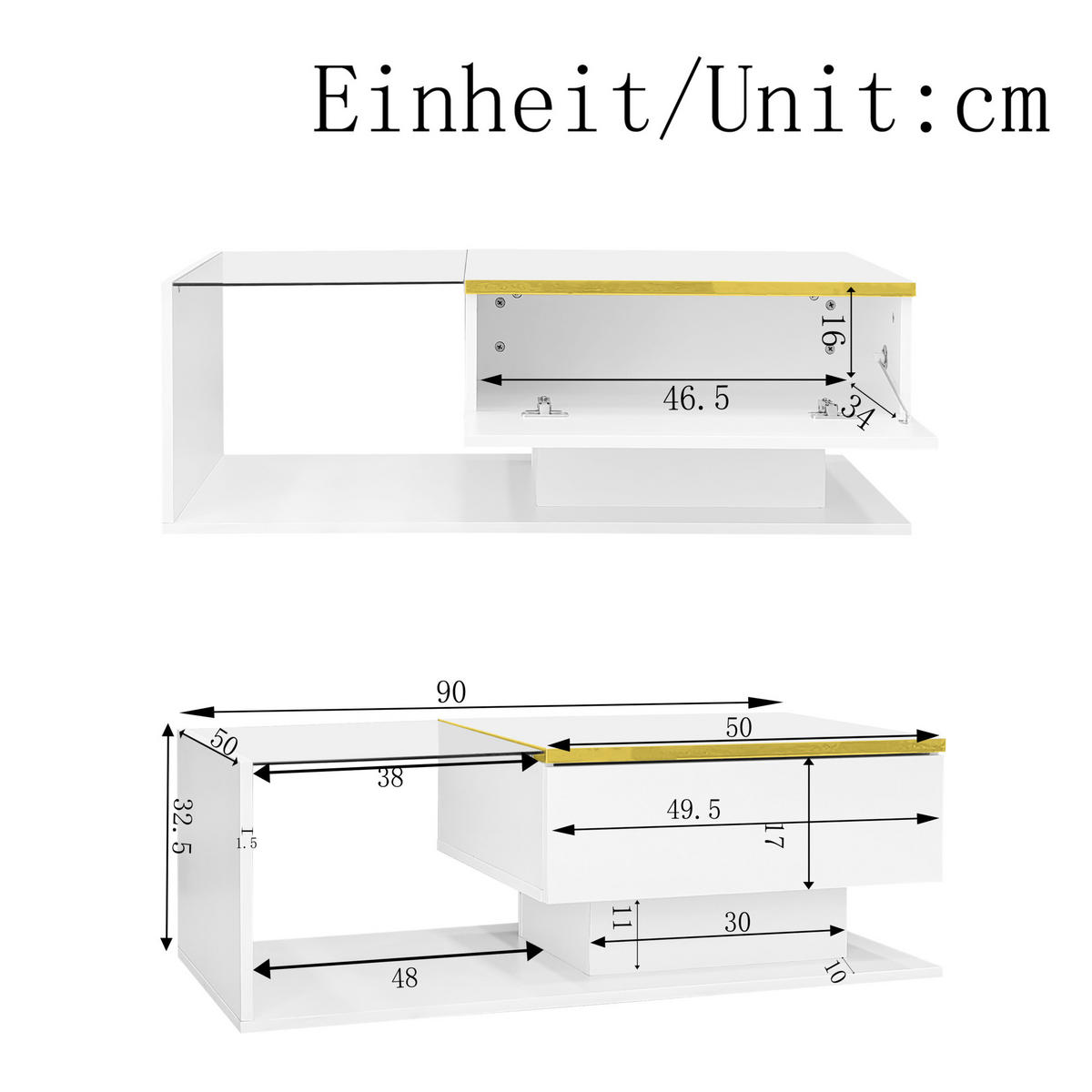 COUCHTISCH 90/50/32,5 cm mit Stauraum, Glasplatte, LED-Beleuchtung und Spanplatte, Weiß - Weiß, Holzwerkstoff (90/50/32.5cm) - Redom