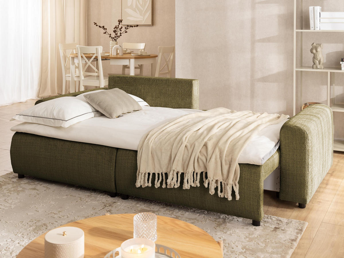 ECKSOFA Calma mit Schlaffunktion und Bettkasten im Bumpy-Design aus weichem Grün Chenille-Stoff - Ottomane links - Beige/Schwarz, Holz/Kunststoff (140/239cm) - S-Style Möbel