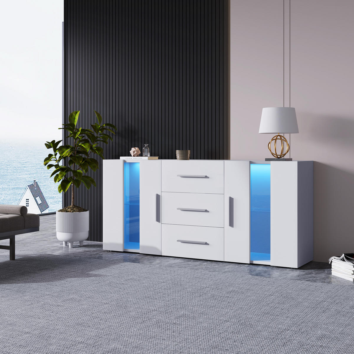 SIDEBOARD 140/35/70 cm Weiß aus MDF mit LED-Beleuchtung - Weiß, Holzwerkstoff (35/70/140cm) - OKMYHOME