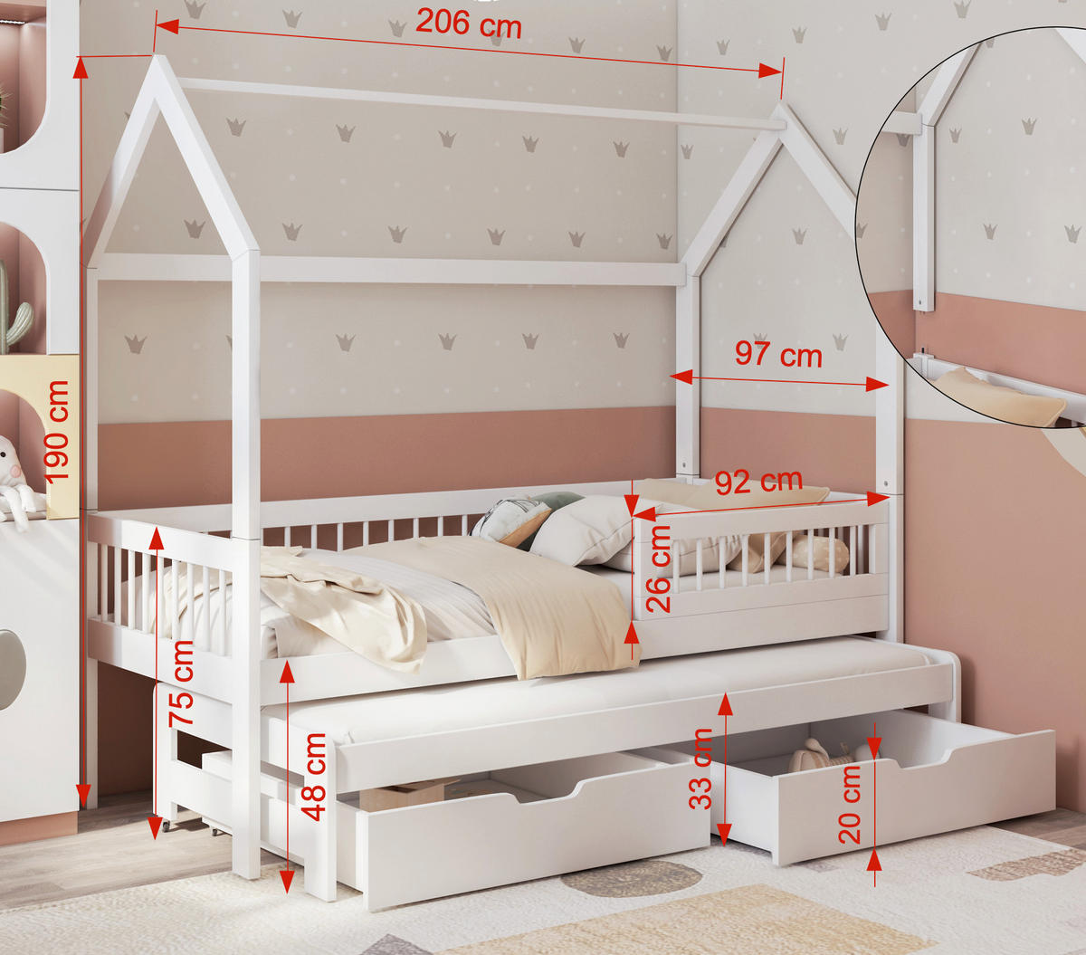 KINDERBETT 90x200 cm Farbe kiefer ASHER II Hausbett aus Massivholz mit Rausfallschutz, Gästebett, 2 Schubladen und 2 Matratzen - Braun, Holz (90/200cm)