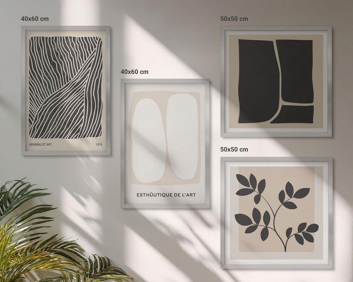 BILDER SET 4er Set - 50x50 cm & 40x60 cm Silberner Rahmen - Minimalistische Pflanzenmuster - Silberfarben, Kunststoff (50/50cm) - TULUP