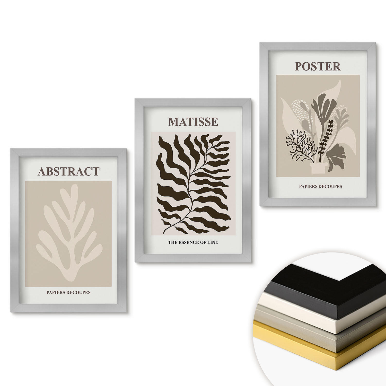 WANDBILDER 3er Set - 20x30 cm Silberner Rahmen - Beige-braune Pflanzenmuster - Silberfarben, Kunststoff (20/30cm) - ArtPrintCave