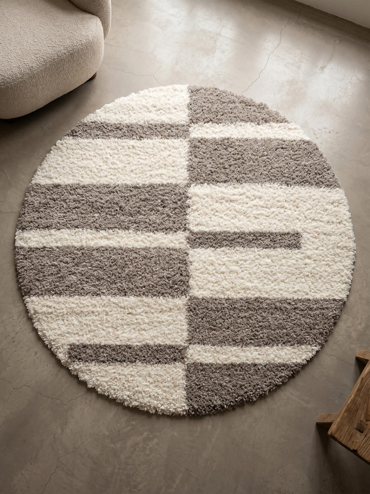 TEPPICH Waschbar Shaggy Kariert Kuschelig Schlafzimmer Rund Beige 120x120 cm – WATZMANN - Beige, Textil (120/120cm) - KADIMA DESIGN