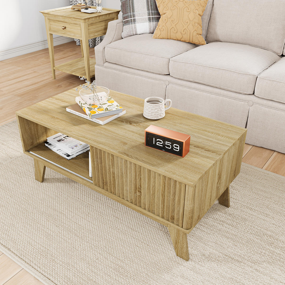 COUCHTISCH holzoptik mit schiebetür und offenem fach - Eichefarben, Holz (95/41/48cm) - SHOPENTRA