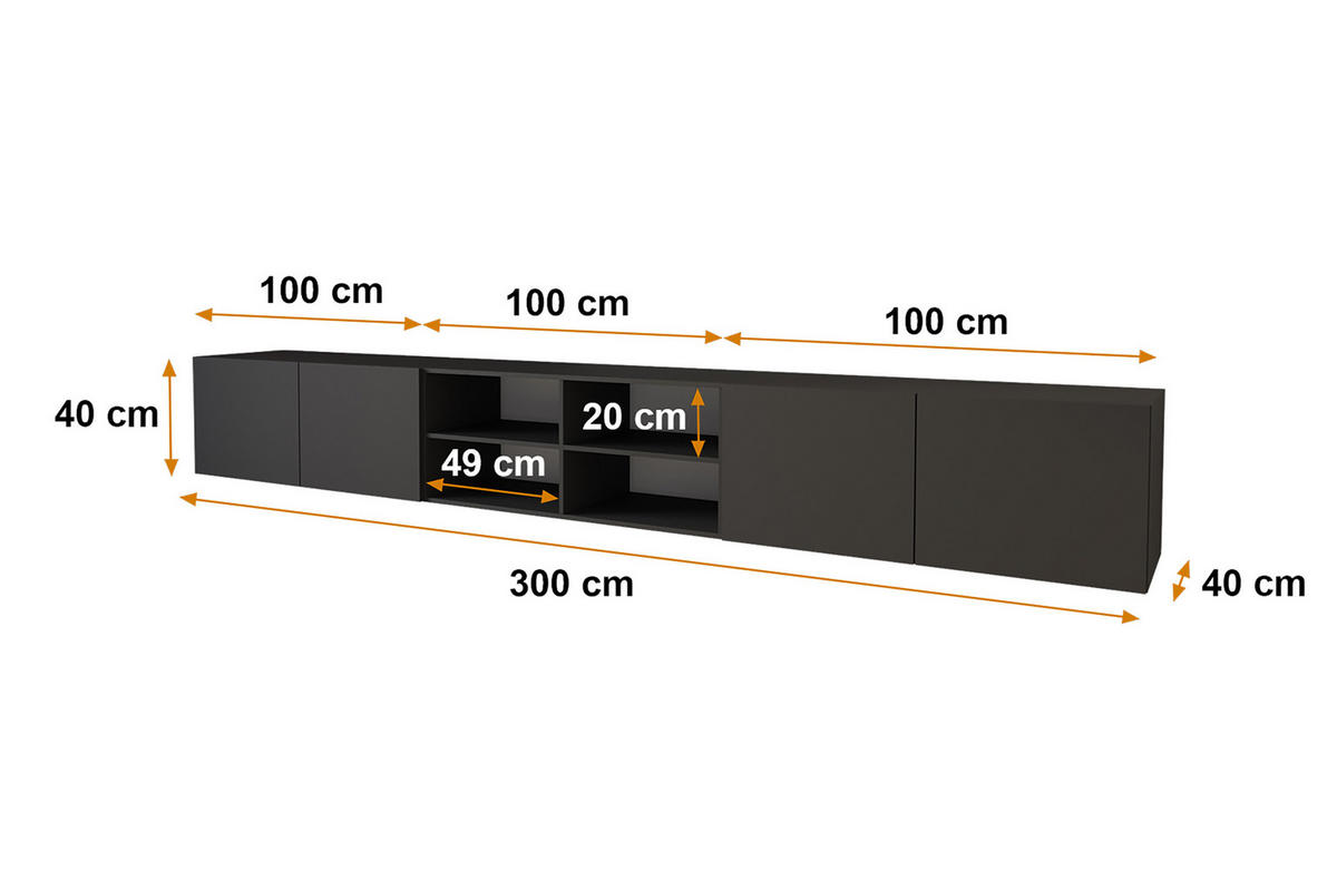 LOWBOARD ELIO-W 3x100x40x40 cm - Schwarz - Schwarz, Holzwerkstoff (300/40/40cm) - ALTDECOR