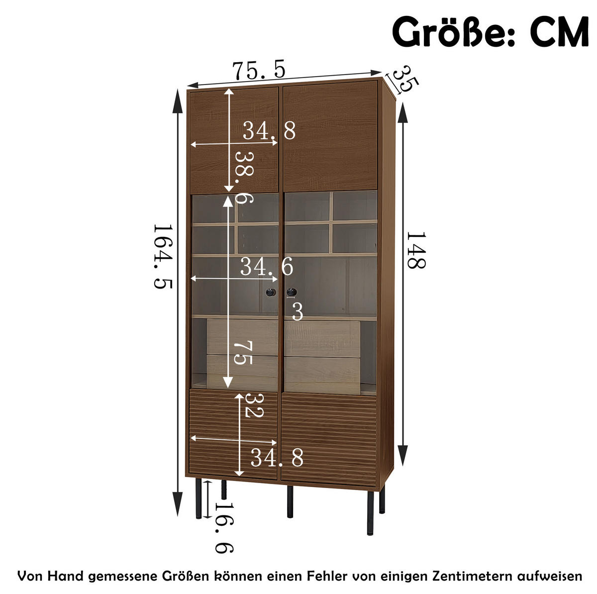 VITRINENSCHRANK aus MDF 75x35x164 cm in Nussbaumoptik mit Glasfront, 4 Schubladen und Stauraum - Walnussfarben, Holzwerkstoff (75.5/164.5/35cm) - IVMEU