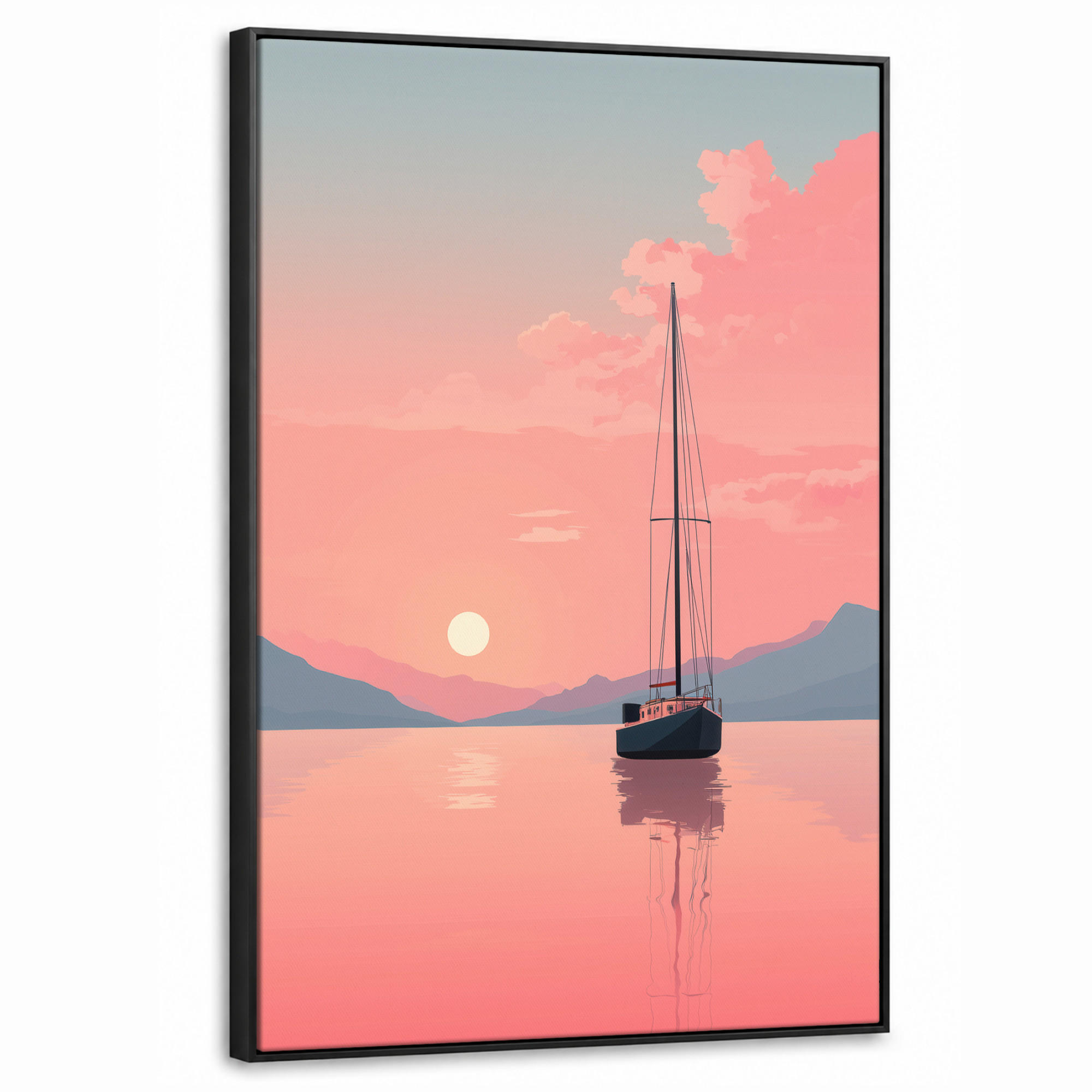 LEINWAND Bilder mit Rahmen - Segelboot - Rosa Meer - Sonnenuntergang - Berge - 60x90 - Rosa, Textil (60/90cm) - OnlyWow