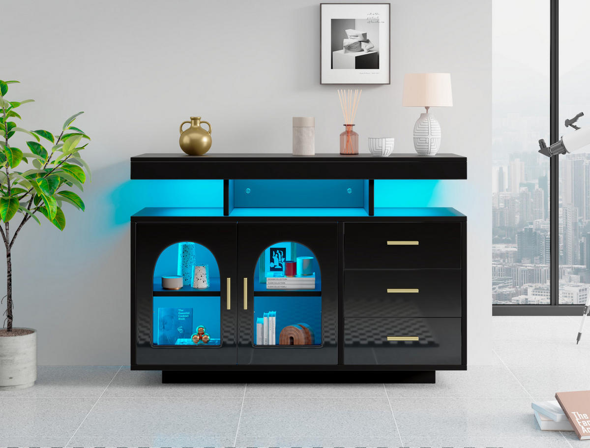 SIDEBOARD 120/40/80 cm Schwarz aus Spanplatte mit LED-Beleuchtung - Schwarz, Holzwerkstoff (40/80/120cm) - OKMYHOME