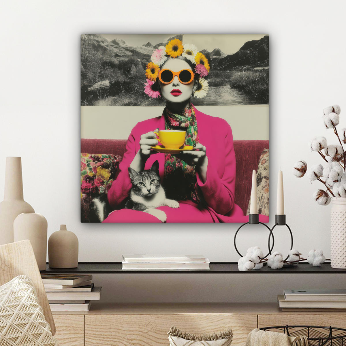 LEINWANDBILD Frau - Katze - Blumen - Tasse - Retro Wandbild Wohnzimmer 50x50 cm - Magenta, Textil (50/50cm) - MuchoWow