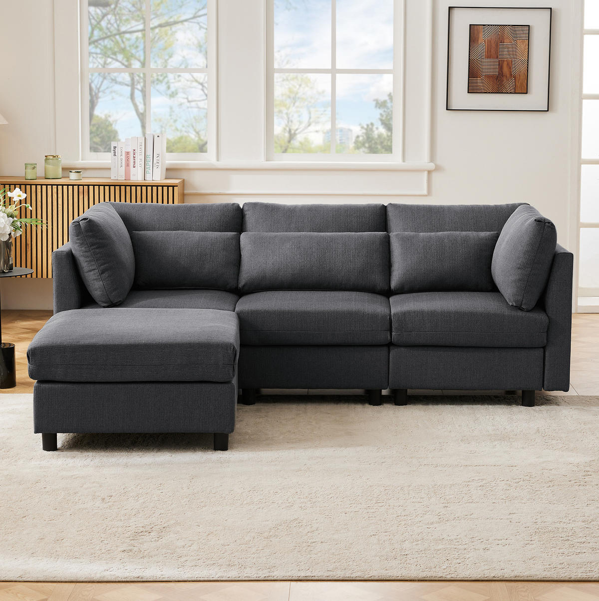 ECKSOFA 220/83/81 cm grau aus Leinen mit Hocker und 5 Kissen - Grau, Textil (81/83cm) - OKWISH