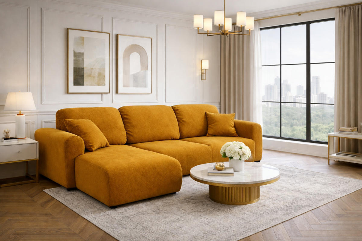 ECKSOFA Mit Schlaffunktion Und Bettkasten, Sofa L-Form Bingo L, Veloursstoff Salvador, Gelb, Links - Gelb, Holz (250/142cm) - Kaiser Möbel