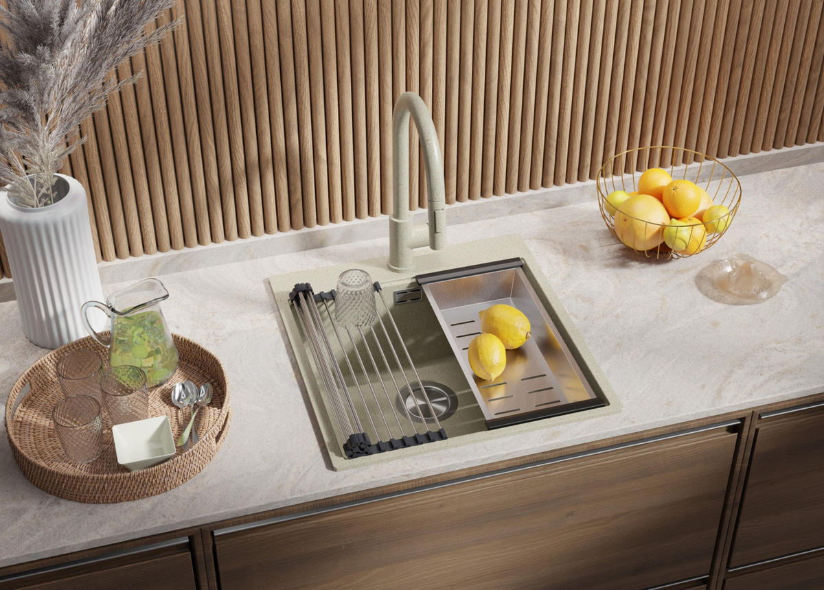 GRANITSPÜLE Oslo, 2-er set Beige 48/50 cm 1 Becken + Küchenarmatur 32/20 cm + Ablauf-Set + Schneidebrett ab 50er Unterschrank - Beige, Kunststoff (48/20/50cm) - Primagran