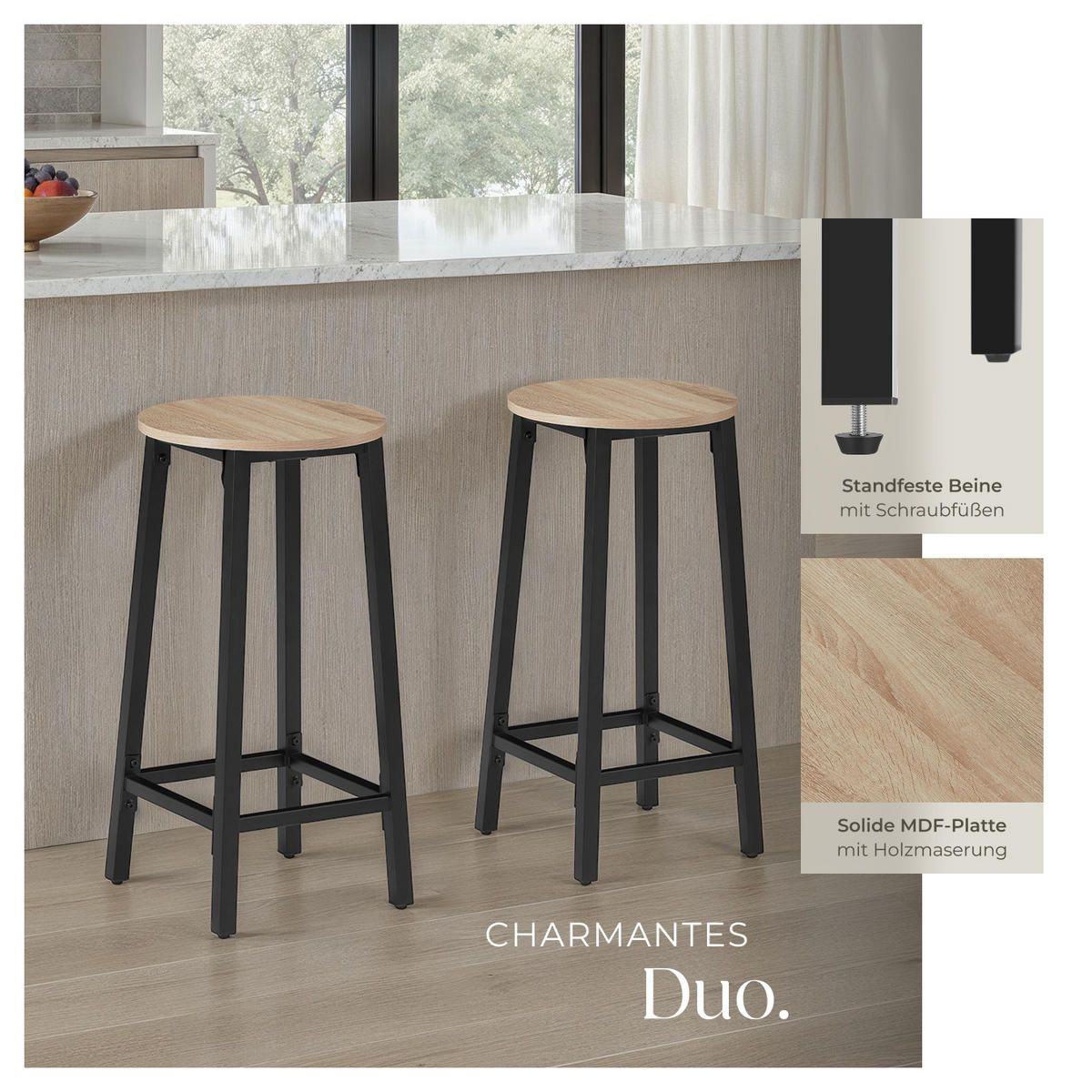 BARHOCKER 2er Set Corby,Sitzhöhe 66 cm,Industrial Holz hell - Naturfarben, Holz (32/66/32cm) - tectake