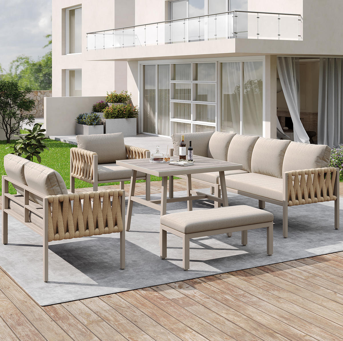 GARTENMÖBELSET mit Metallgestell, Ecksofa + Tisch mit Glasplatte, 238/61/78 cm, Beige - Beige, Metall - Redom