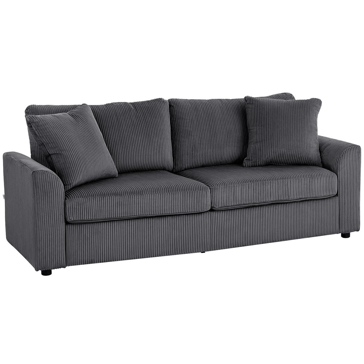 3-SITZER-SOFA, Couch mit Armlehnen, Zierkissen, Polstersofa mit Cordbezug, Grau - Dunkelgrau/Schwarz, Kunststoff/Textil (80/88/212cm) - HOMCOM