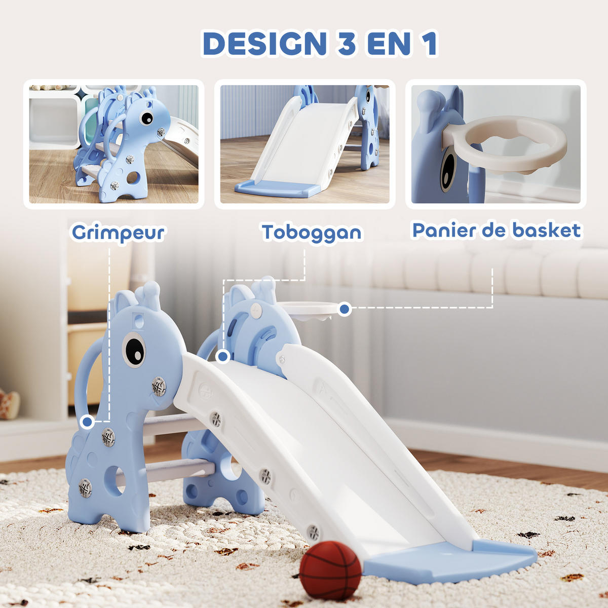 KINDERRUTSCHE DE-17982 3-in-1 mit Basketballkorb & Kletterelement Blau - Blau, Kunststoff (51.5/52/106cm) - ComfortXL