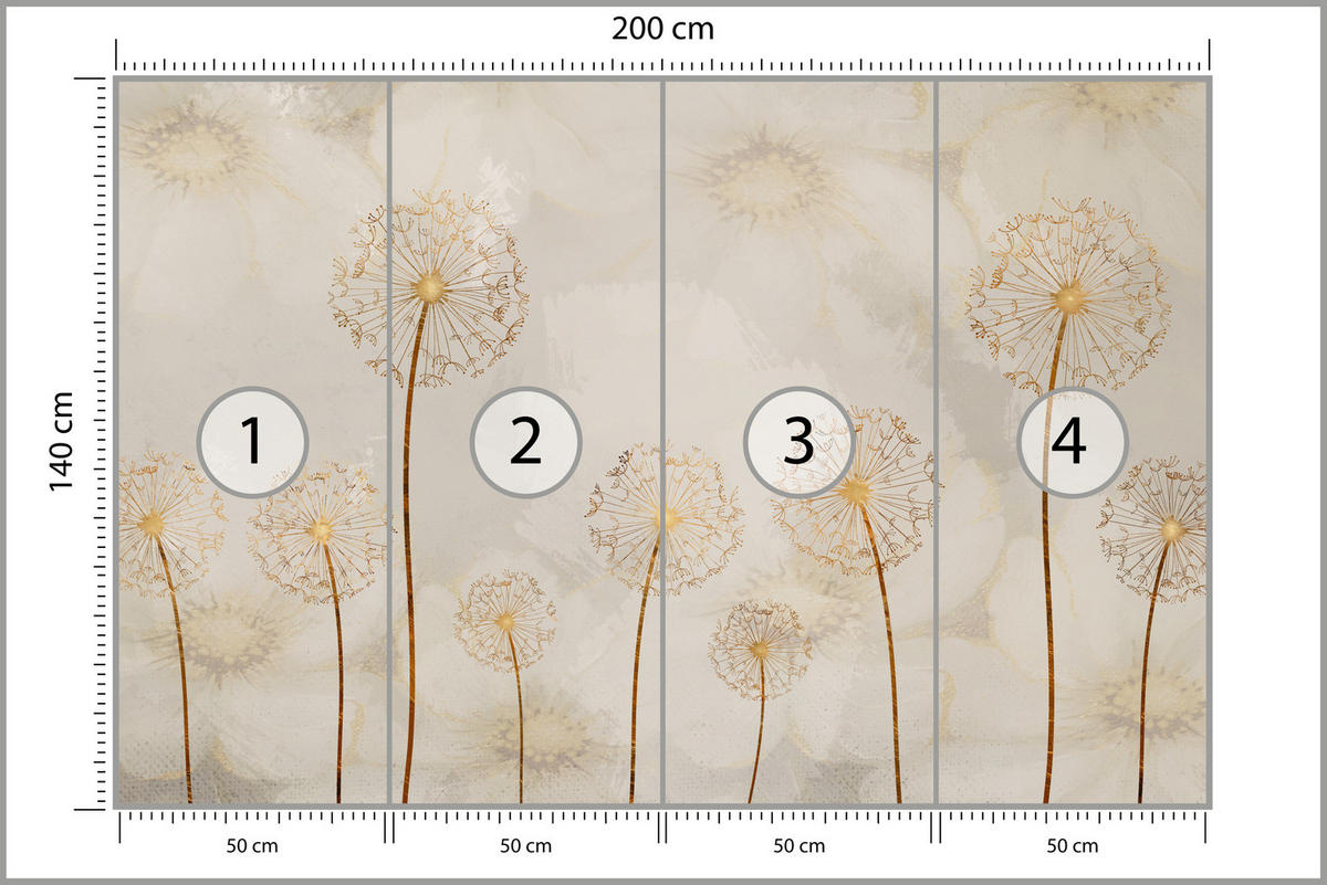 FOTOTAPETE für Schlafzimmer Goldene Löwenzahn Aquarell Blumen 200x140 - Gelb/Beige, Papier (200/140cm) - Muralo