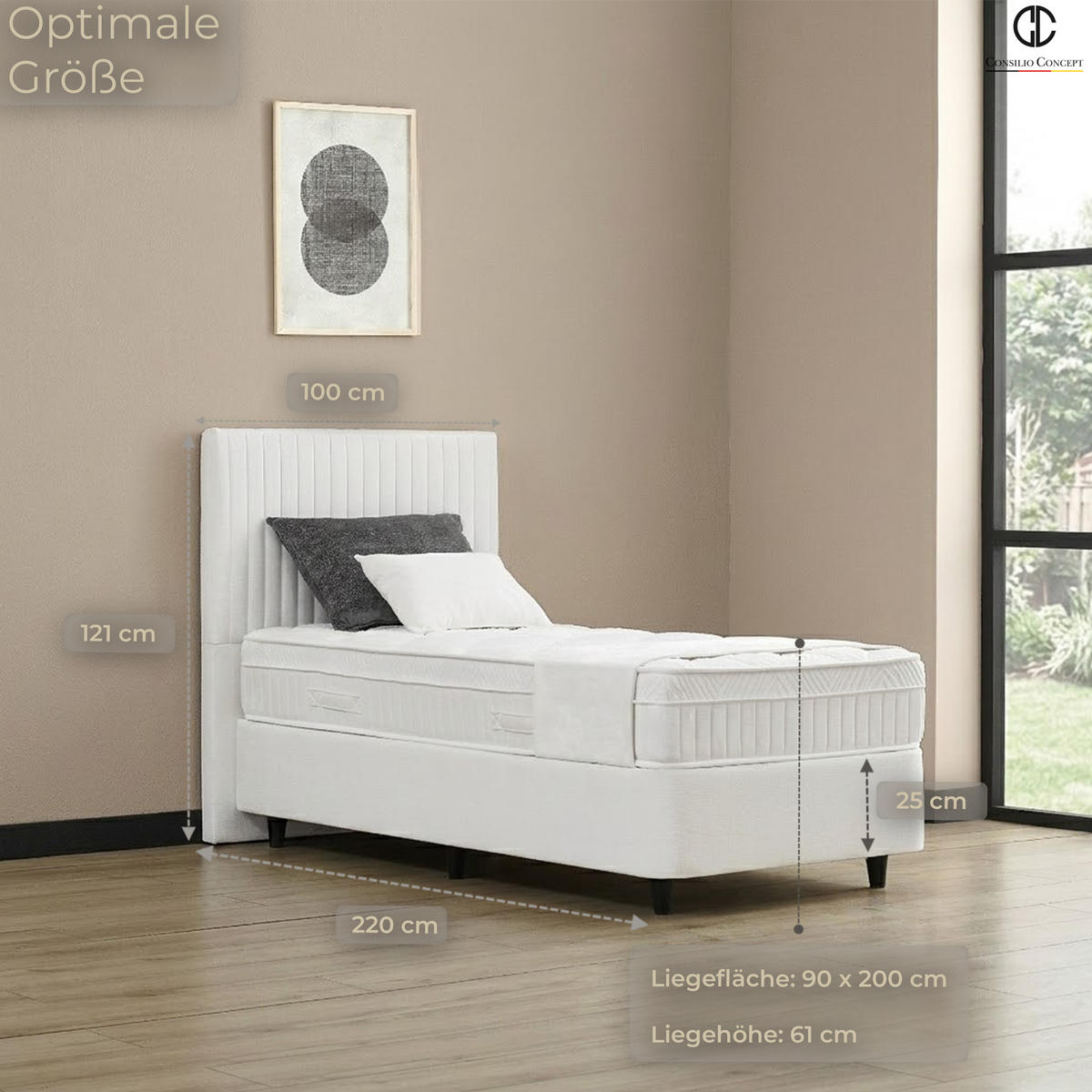 BOXSPRINGBETT MIT BETTKASTEN LYON 90/200 cm, Ivory, Bettkasten, Matratze, Topper integriert, H3 mittel - Creme/Schwarz, Holz/Kunststoff (90/200cm) - Consilio Concept