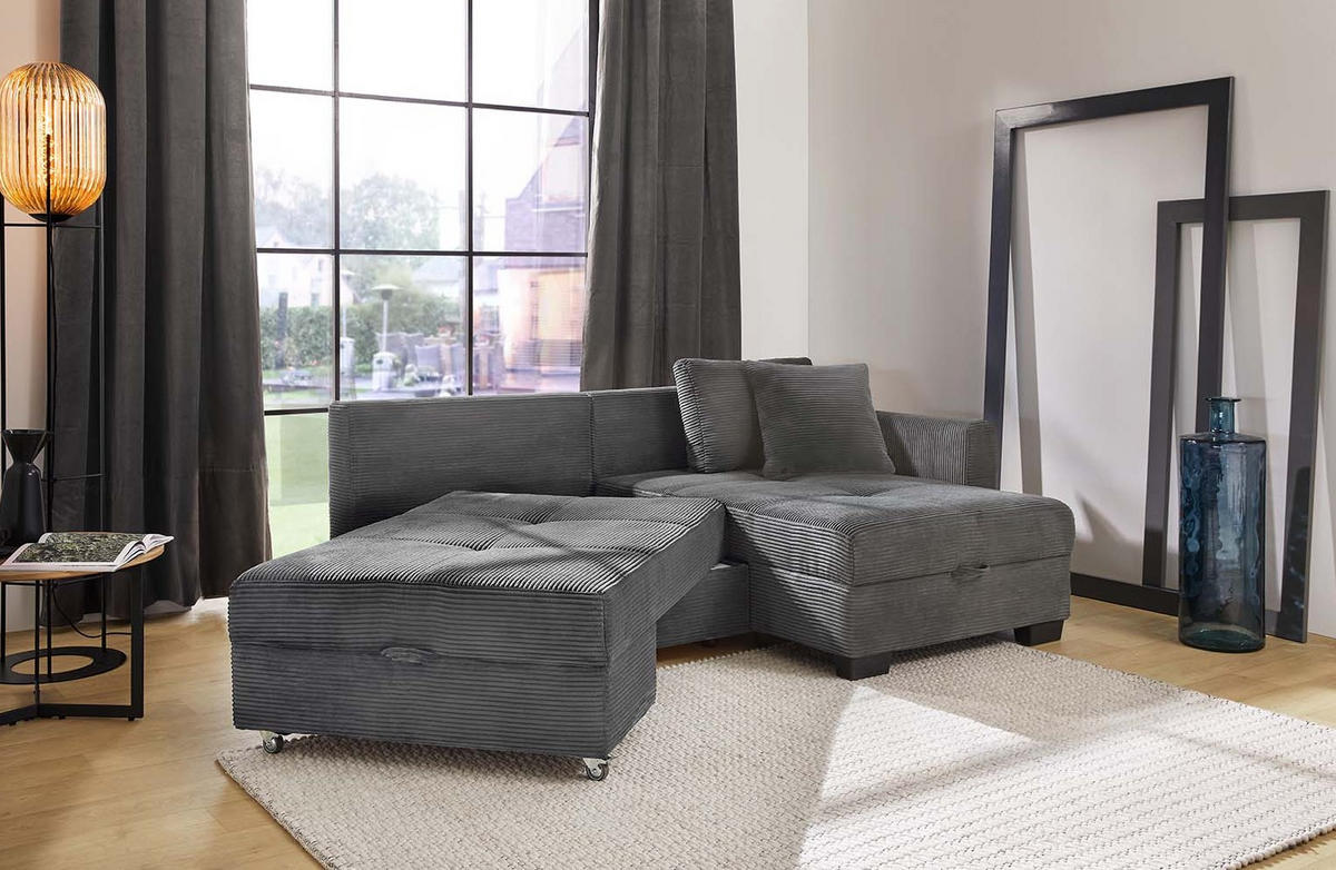 ECKSOFA Doppelbett mit Bettkasten, seitenverkehrt montierbar B247/T155/H87 cm, Liegefläche 183x207 cm, Cord Grau Anthrazit / 15214 - Schieferfarben/Anthrazit, Kunststoff/Textil (247/155cm) - luma-home